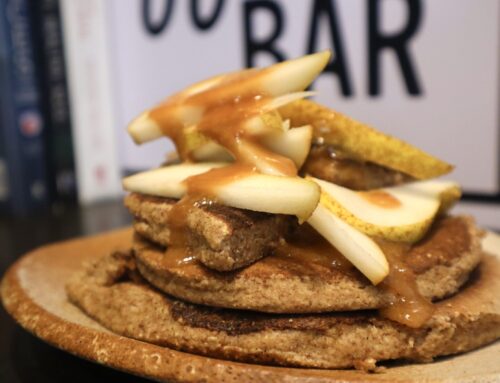 Apple Oat Pancakes + Honey Peanut Drizzle